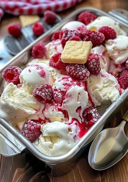 A delicious bowl of Raspberry Shortcake Ice Cream topped with fresh raspberries.