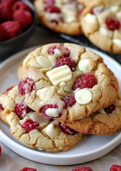 Freshly baked Raspberry White Chocolate Cookies on a cooling rack.