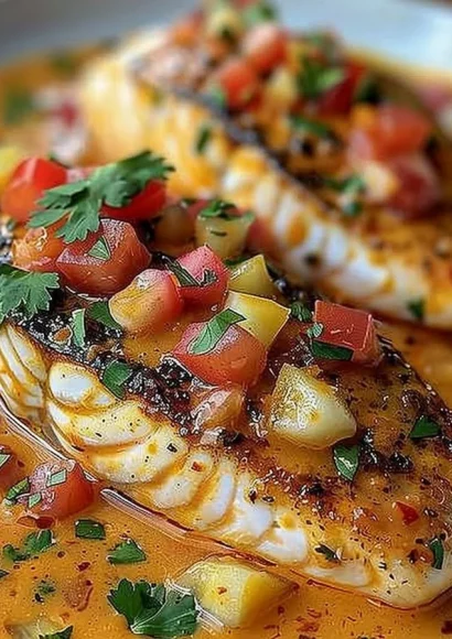 Red Snapper fillet served with creamy Creole sauce on a plate