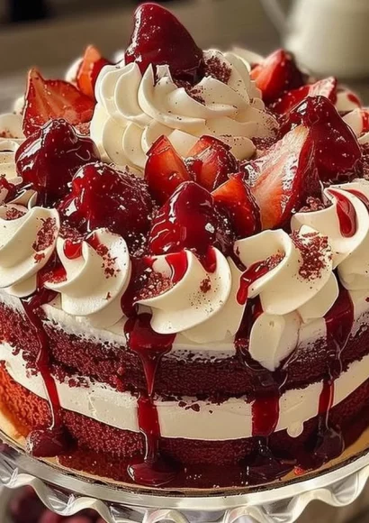 Delicious red velvet cake with creamy frosting on a white plate