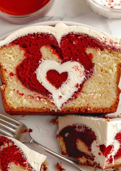 Moist and delicious Red Velvet Loaf Cake on a serving plate