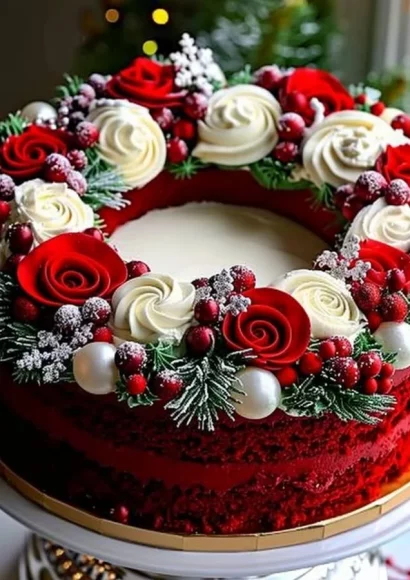 Red Velvet Wreath Cake decorated with cream cheese frosting and festive toppings