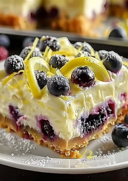 Refreshing Lemon Blueberry Cheesecake Bars with a creamy texture and vibrant topping.