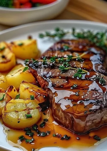 Ribeye steak with cheesy scalloped potatoes plated for a gourmet meal.