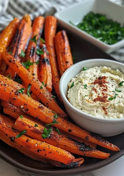 Bowl of roasted carrots paired with whipped feta dip on a wooden table