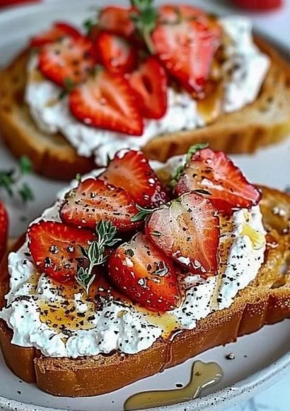 Roasted strawberry whipped ricotta toast garnished with fresh mint