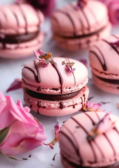 Rose Dark Chocolate macarons with a rich flavor and elegant design.