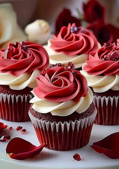 Delicious Rose Red Velvet Cupcakes with cream cheese frosting