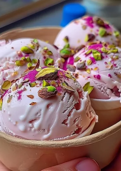 Delicious rosewater pistachio delight gelato in a bowl with a scoop on top