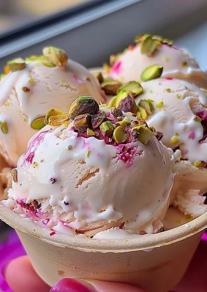 Rosewater Pistachio Delight Gelato served in a bowl