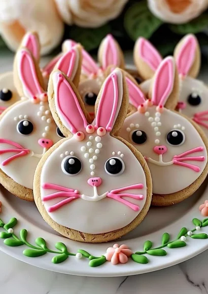 Delicious Rosy Rabbit cookies freshly baked and decorated with pink icing.