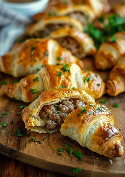 Sausage Cream Cheese Crescents baked, golden brown and flaky appetizers.