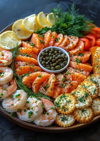 A vibrant Seafood Antipasto Wreath showcasing fresh seafood and colorful garnishes.