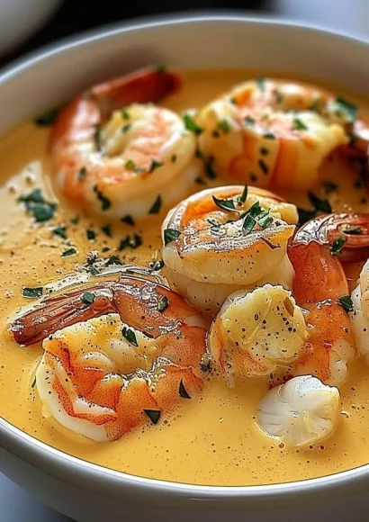 A bowl of creamy seafood bisque with crab and shrimp garnished with herbs.