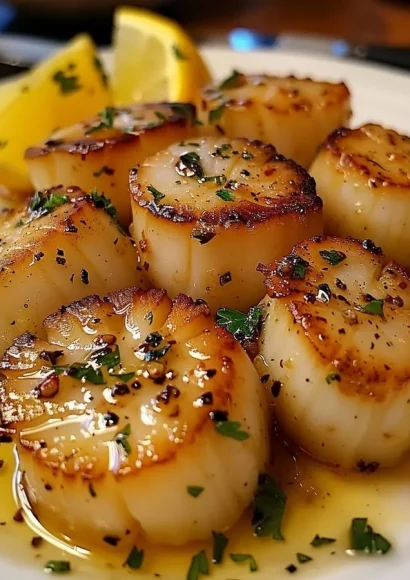 Plate of seared scallops drizzled with lemon garlic butter sauce.