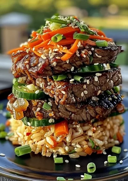 Sesame Ginger Beef Rice Stack topped with sesame seeds and green onions.
