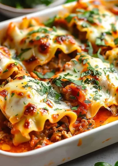 Delicious short rib lasagna rolls served with rich tomato sauce