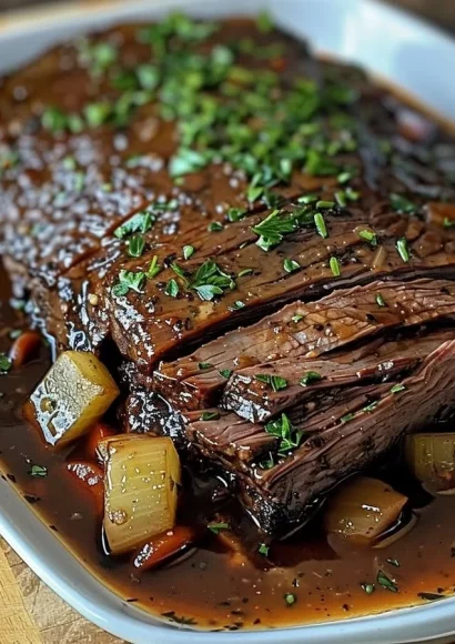 Succulent slow-cooked beef brisket served with fresh vegetables