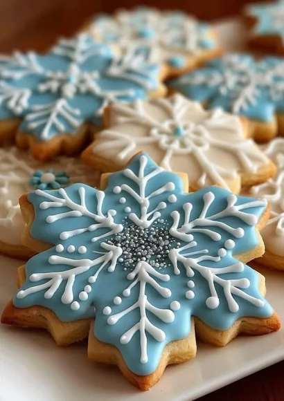 Decorative snowflake sugar cookies with royal icing on a cooling rack