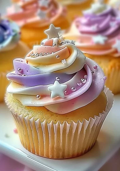Pastel star cupcakes with colorful buttercream frosting, ideal for parties.