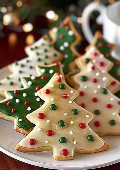Sour Cream Cut-Out Christmas Cookies on a decorated holiday plate