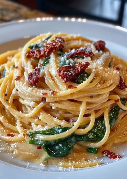 Spaghetti Spinach in Sun-Dried Tomato Cream Sauce served on a plate