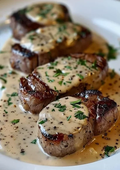 Juicy steak with haunted bourbon garlic cream sauce drizzled on top