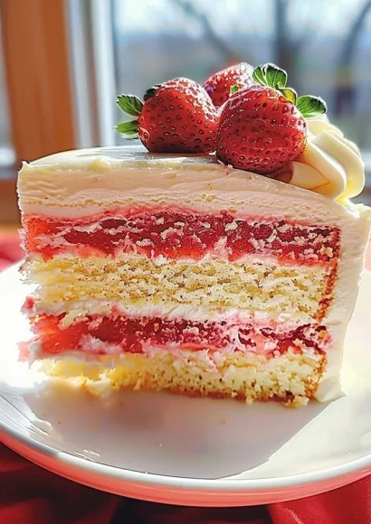 Strawberries and Cream Cheesecake Cake topped with fresh strawberries