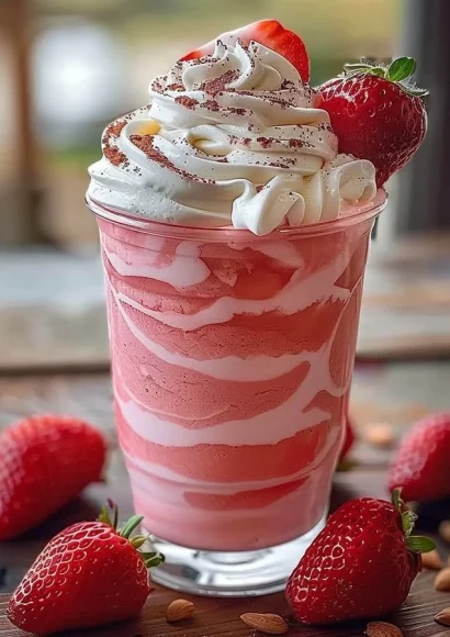 Refreshing Strawberries & Cream Frappuccino served in a glass with whipped cream.