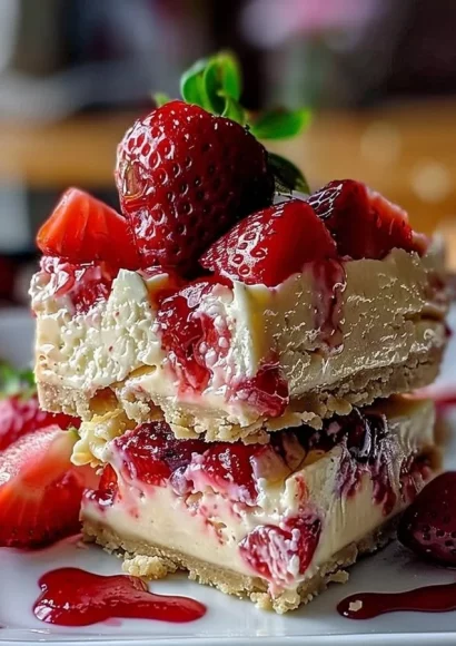 Delicious homemade Strawberry Cheesecake Bar topped with fresh strawberries