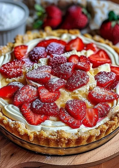 Delicious strawberry cheesecake dump cake topped with fresh strawberries and cream.
