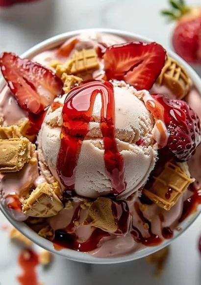 Delicious strawberry cheesecake ice cream with fresh strawberries and creamy texture