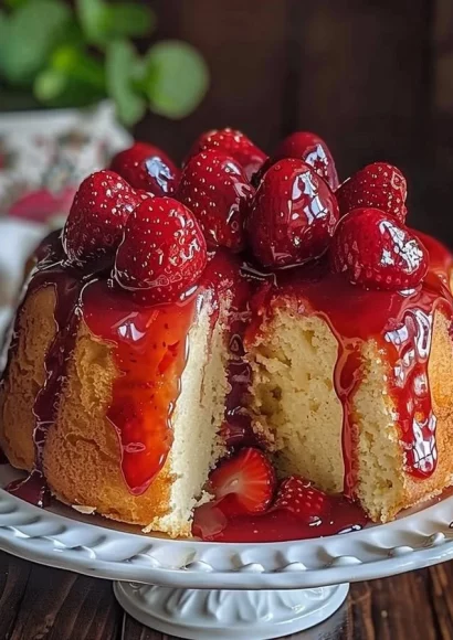 Slice of Strawberry Cheesecake Pound Cake topped with fresh strawberries