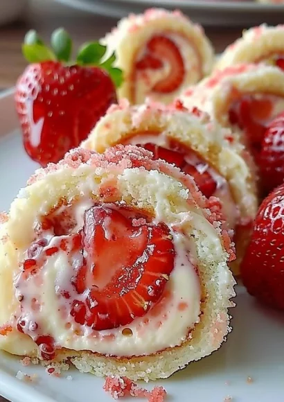 Delicious strawberry cheesecake rolls filled with creamy cheesecake and strawberries