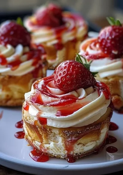 Strawberry cheesecake rolls showcasing rolled pastries with strawberry and cream filling.