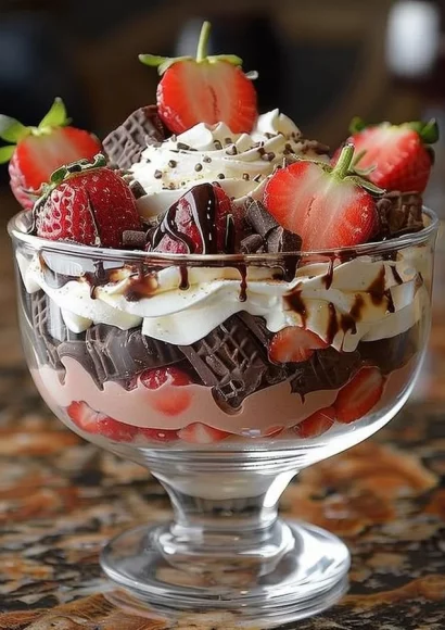 Delicious Strawberry Chocolate Trifle layered with strawberries, chocolate, and cream.