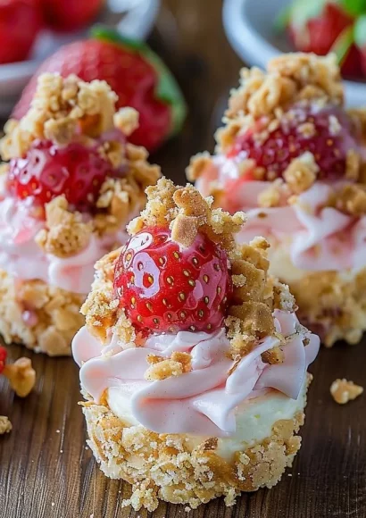 Strawberry Crunch Cheesecake Bites on a plate, garnished with strawberries