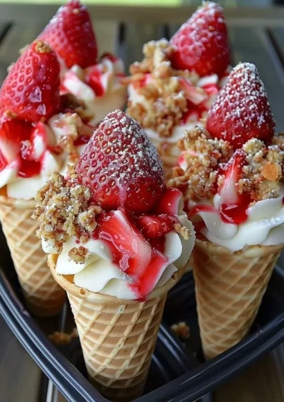 Delicious Strawberry Crunch Cheesecake Cones topped with fresh strawberries and crunchy layer.