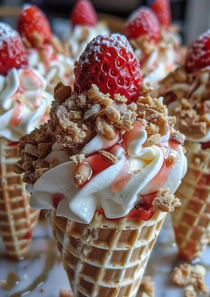 Strawberry Crunch Cheesecake Cones topped with crunchy crumbs and fresh strawberries