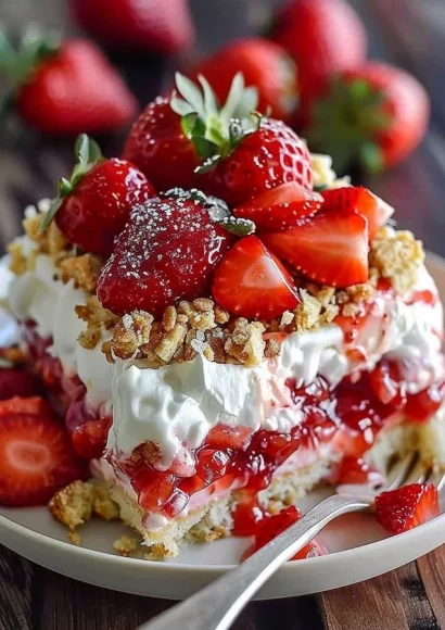 Delicious Strawberry Crunch Poke Cake with vibrant strawberry flavor and crunchy topping