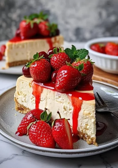 Delicious Strawberry Double Cheese Cheesecake topped with fresh strawberries