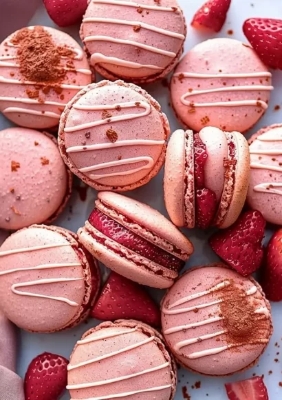Delicious Strawberry French Macarons arranged on a plate