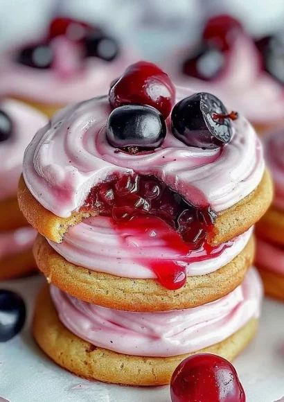 Strawberry Frosted Cherry Cookies on a plate with vibrant frosting