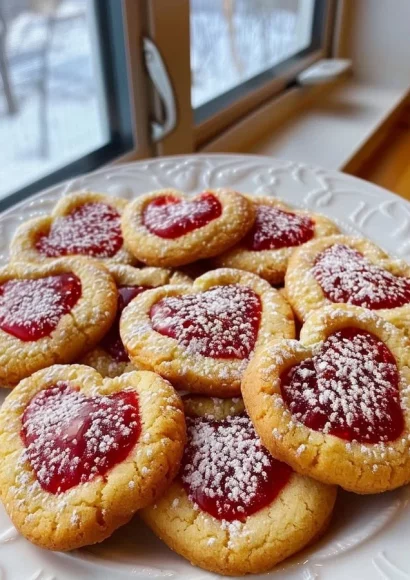 Delicious Strawberry Kiss Cookies on a baking tray with fresh strawberries.