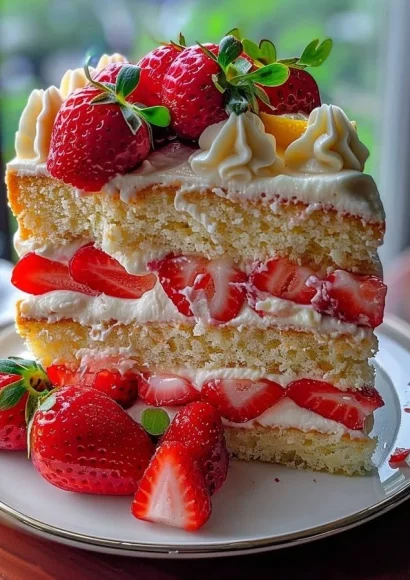 Strawberry lemon layer cake decorated with fresh strawberries and lemon zest