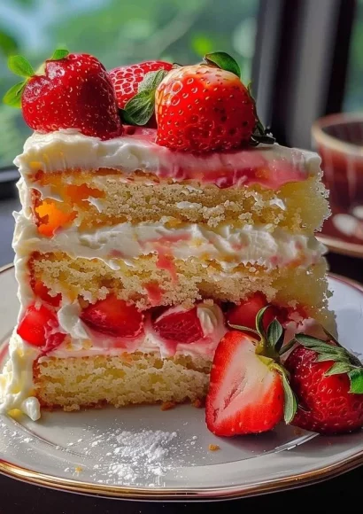 Delicious Strawberry Lemon Layer Cake with fresh strawberries and lemon frosting.