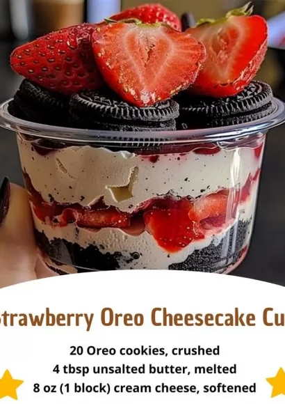 Delicious strawberry Oreo cheesecake cups topped with fresh strawberries