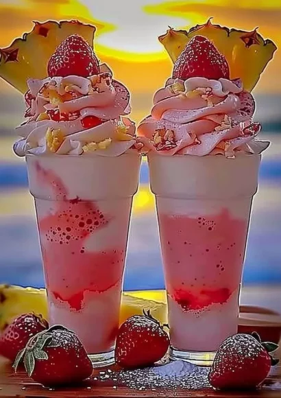 Delicious strawberry piña colada cocktail with Malibu frosting on top