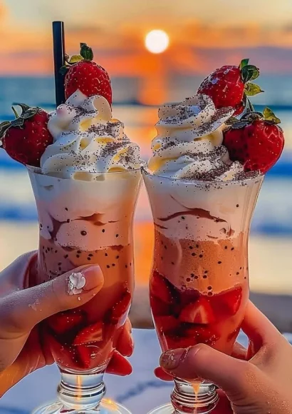 Strawberry Piña Colada topped with Malibu frosting in a glass