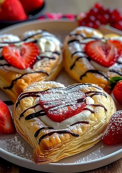 Delicious strawberry puff pastry hearts with fresh strawberries and icing